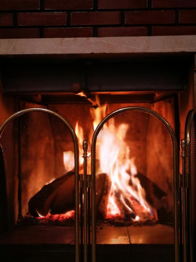 A warm and inviting indoor fireplace with a brass fireguard, perfect for cold evenings.