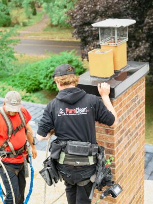Two workers conducting a thorough chimney inspection on a rooftop in a wooded neighborhood.